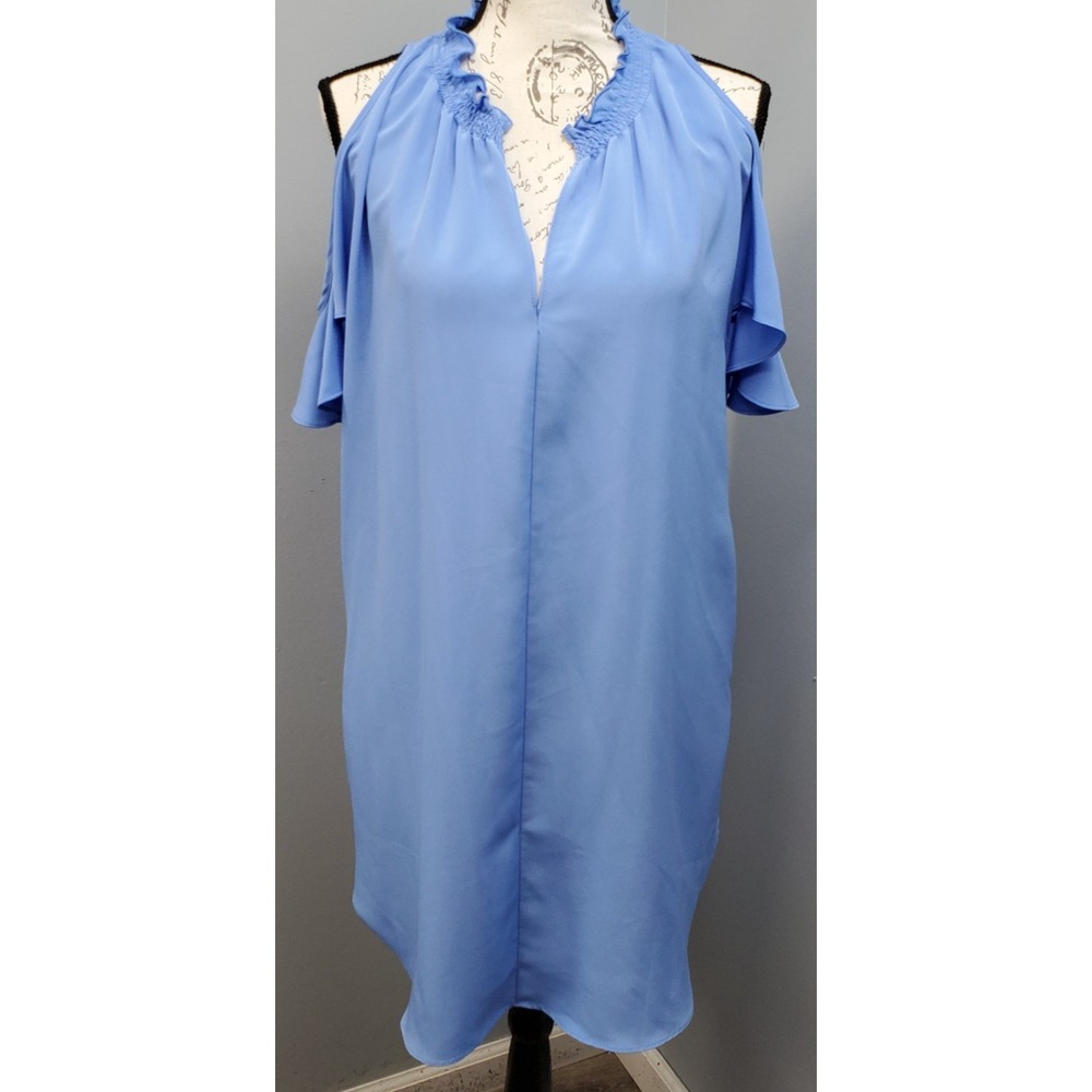 Rachel Roy Elizabeth Shift Dress Womens XS Blue Cold Shoulder Ruffle Trim V-Neck